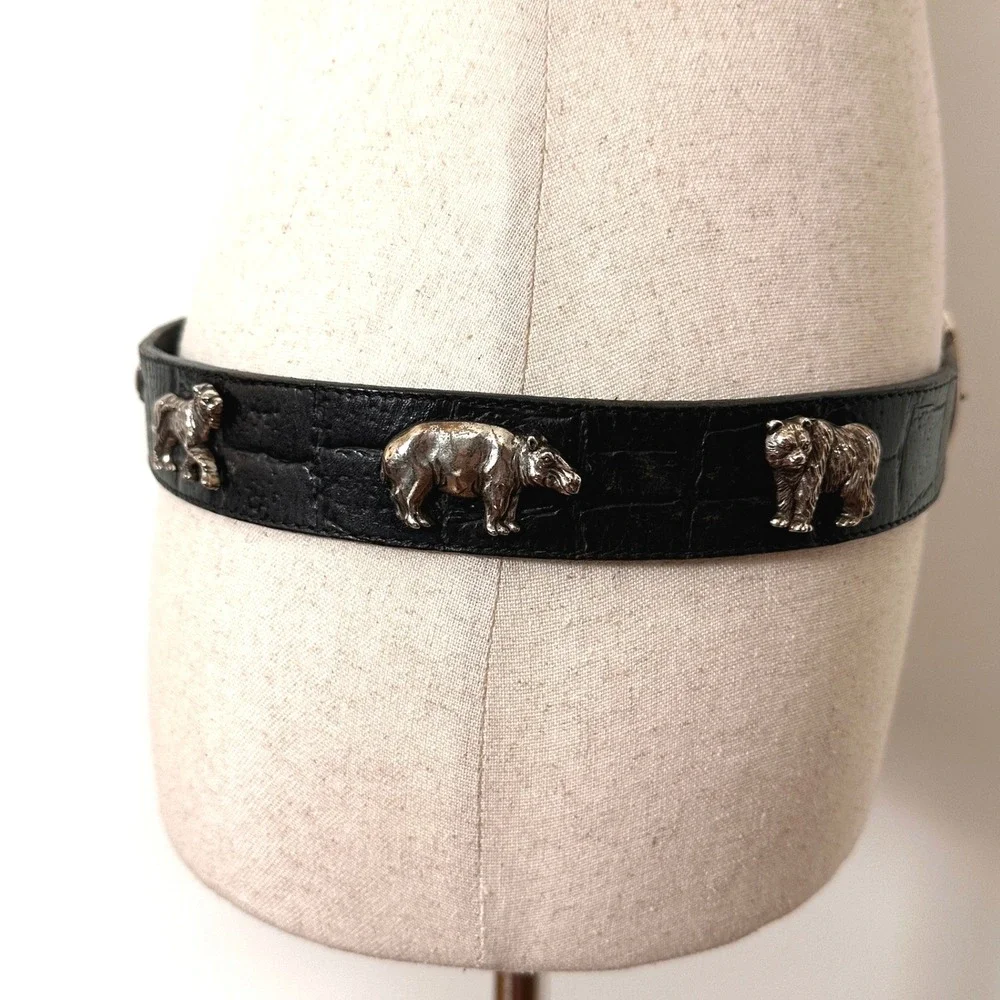 VTG 90s Honest Safari Animal Concho Leather Belt Black Croc Embossed Silver 32